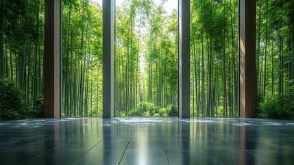 Serene Bamboo Forest Pathway with Parking Area and Brick Road for Automotive Advertising