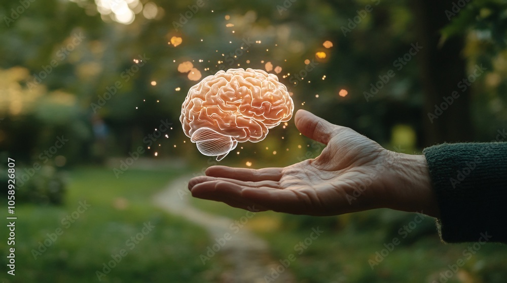 Poster close-up of a doctors hand gesturing to parts of a holographic brain while explaining stroke recover