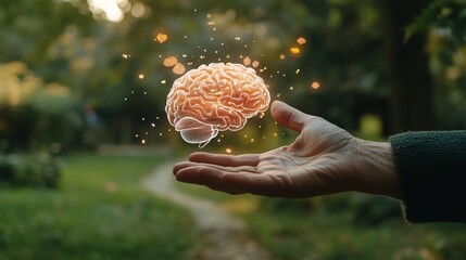 Close-up of a doctors hand gesturing to parts of a holographic brain while explaining stroke recovery to a patient with copy space for text