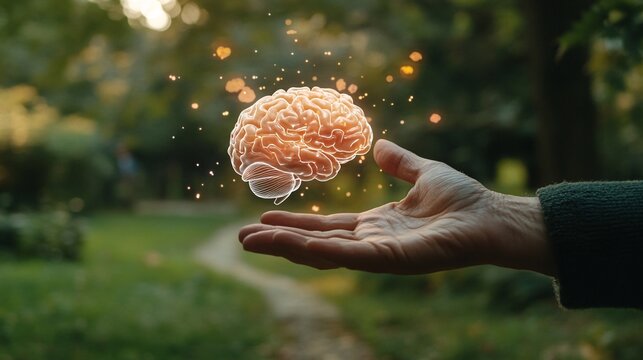 Close-up of a doctors hand gesturing to parts of a holographic brain while explaining stroke recovery to a patient with copy space for text