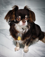 A small brown Chihuahua dog with expressive eyes sits on a tiled floor