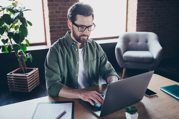 Photo of confident cool boss wear shirt texting apple samsung modern device indoors workplace...