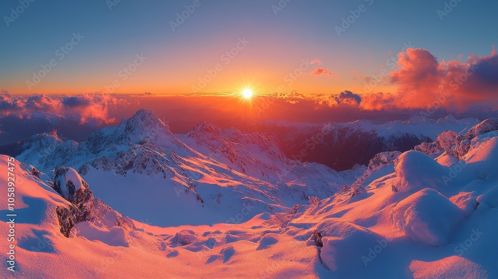 Aufkleber a stunning panoramic view of a snow-capped mountain range with the sun setting behind it, casting a 