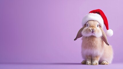Playful Rabbit in Santa Hat Sitting on Soft Fur Against Purple Background