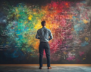 Passionate Professor Explaining Complex Concept on Vibrant Chalkboard Wall