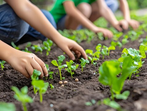 Young Learners Planting Seeds in School Garden to Discover Nature and Science