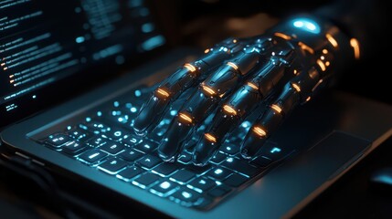 robotic fingers gently hover over a sleek laptop, illuminated by soft blue light, symbolizing the connection between human and ai