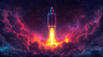 rocket launching into a starry sky, depicted on a sleek laptop screen to symbolize digital entrepreneurship and movement towards financial freedom, with vibrant colors and futuristic style