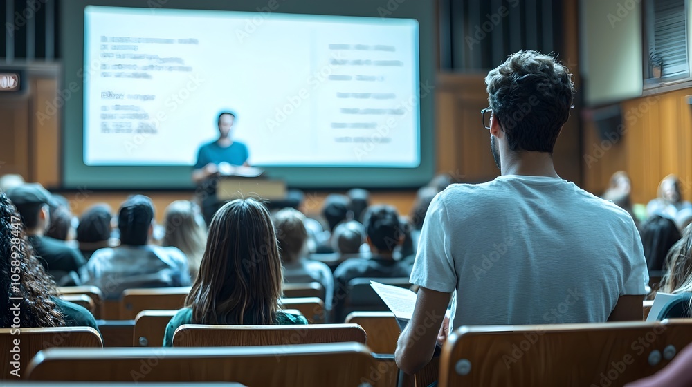 Poster university lecture hall with students intently focused on presentation