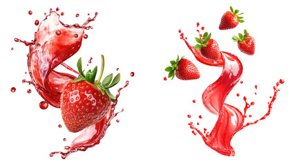 two swirling strawberry juice liquid and splashes with floating strawberries. twisted liquid strawberry on transparent background