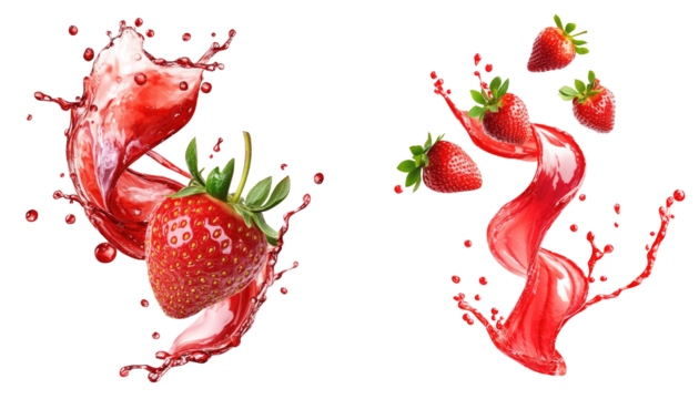 two swirling strawberry juice liquid and splashes with floating strawberries. twisted liquid strawberry on transparent background