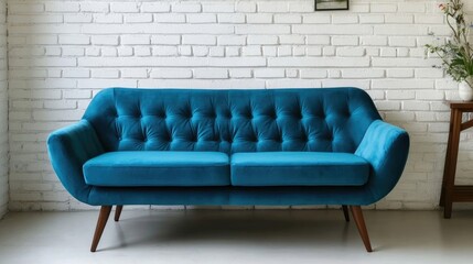 Mid-Century Modern sofa styled elegantly against a white brick wall, the photo captures the essence of mid-century modern design with ample space for creative use.