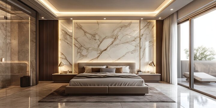 Minimalist bedroom design featuring a marble wall, showcased through 3D rendering, emphasizes simplicity and elegance in its aesthetic appeal and spatial organization.