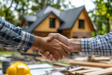 Client shaking hands with contractor after confirm blueprint to renovate house, Generative AI