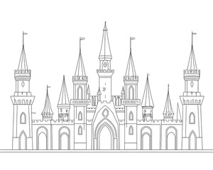 Fototapeta premium Minimalist Line Sketch of a Classic European Castle with Tall Towers Arches and Elegant Spires