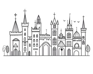 Naklejka premium Classic Minimalist Line Sketch of European Castle with Tall Towers and Elegant Spires