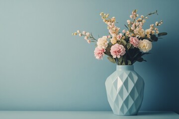 Obraz premium Elegant floral arrangement in three geometric vases against a textured gray wall