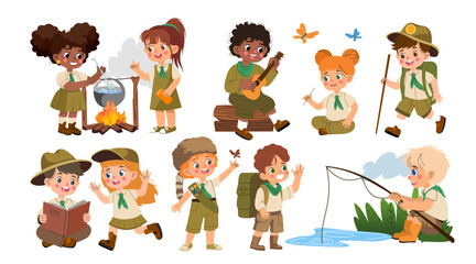 Kids travel. Hiking school. Vacation for children. Holiday adventure games. Girl and boy walking with backpack. Cooking on campfire. Scouts camp. Young tourists group. Vector camping activities set