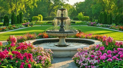 Obraz premium Serene Garden Oasis with Central Fountain and Vibrant Floral Displays