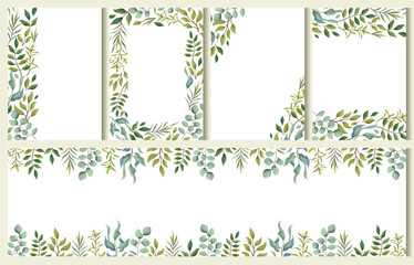 A set of green frames for weddings, greetings, wallpapers, fashion posters, backgrounds. Eucalyptus, green leaves, twigs. 