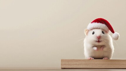 Smiling Hamster Wearing a Tiny Santa Hat Sitting on a Wooden Surface