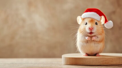 Obraz premium Smiling Hamster Wearing a Tiny Santa Hat Sitting on Wooden Surface