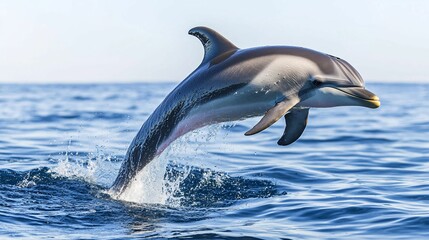 Fototapeta premium A dolphin gracefully leaps from the ocean's surface, showcasing a stunning display of agility against a serene blue background.