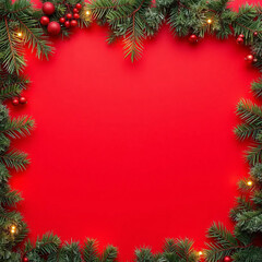 christmas garland mock up copy space, red background, merry christmas and happy new year