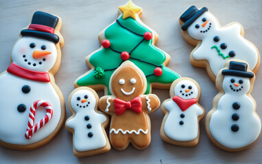 Festive Holiday Cookies Display with Snowmen, Christmas Tree, and Gingerbread Man.