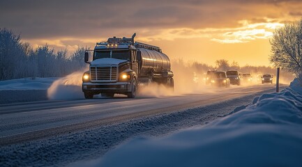 A convoy of oil tankers braves a snowy, icy highway, their headlights piercing through a heavy winter fog, showcasing resilience in harsh conditions