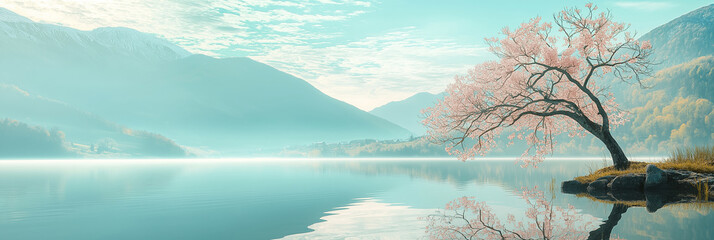 A serene scene captures a cherry blossom tree on a calm lake with distant mountains, evoking peace and reflection.