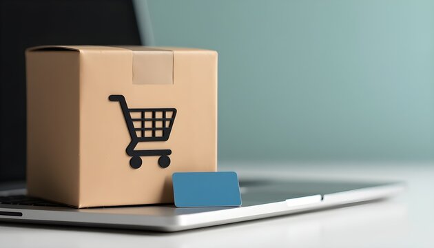 Box on laptop symbolizes e-commerce convenience and online shopping ease.