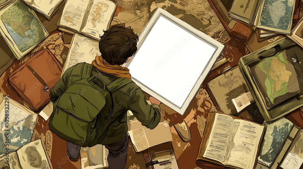 Poster man exploring travel diary with maps and books