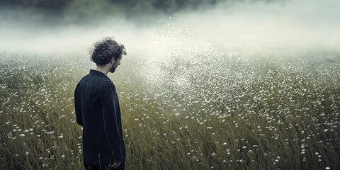Obraz premium A man stands alone in a field of wildflowers, with a moody atmosphere suggesting introspection and contemplation.
