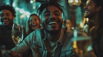 Obraz premium A lively group of individuals share laughs and drinks at a nighttime gathering, captured amid a sea of glowing lights, highlighting their shared enjoyment and camaraderie.