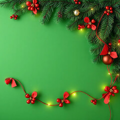 christmas garland mock up copy space, green background, merry christmas and happy new year