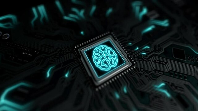 Seamless, loop, processor chip on AI artificial intelligence on the motherboard. Microprocessor connected to a chip, pulses through the processor's PCB. Electronic brain, machine learning. 4k