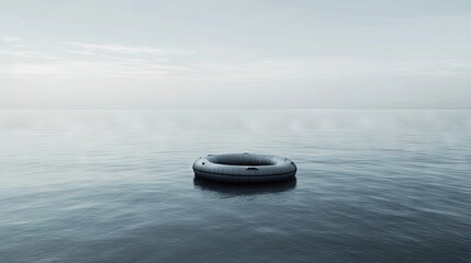 A lone raft rests on a tranquil ocean surface, captured in a serene photo style. The oceans calmness complements the raft, creating a peaceful scene with ample copy space.