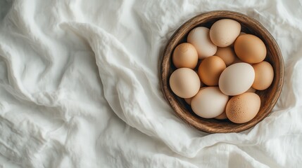 A wooden bowl filled with various eggs, ranging in shades from light brown to almost white, placed on a soft, textured white fabric, providing a cozy feeling.
