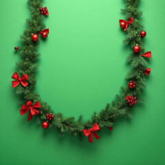 christmas garland mock up copy space, green background, merry christmas and happy new year