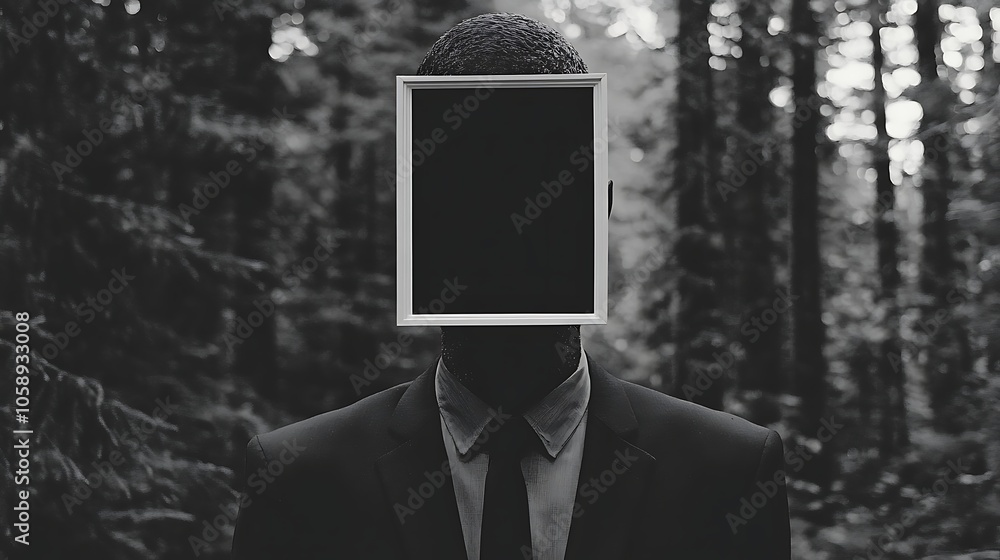 Poster mysterious figure walking in forest with blank canvas