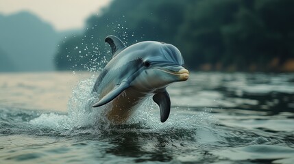 A playful dolphin leaps out of the water, creating a splash.
