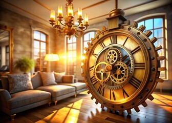Obraz premium Surreal Clock Fusion: Antique Timepiece Floating in Modern Living Room