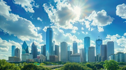 Fototapeta premium A sunny day in the city, with skyscrapers standing tall against a backdrop of scattered clouds.