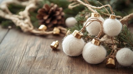 Christmas jewelry ornament crafted from cotton and bells presents a charming aesthetic on a wooden table, with ample copy space to highlight its festive appeal.