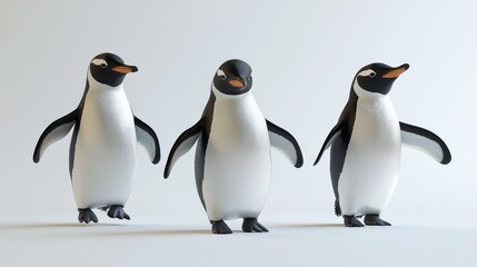 Fototapeta premium Three Charming Penguins Waddling in Harmony on a Minimalist Backdrop
