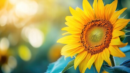 Fototapeta premium A vibrant macro image of a sunflower highlights the intricate details and the natural beauty of the sunflower bloom. Ideal for floral-themed designs with ample copy space.