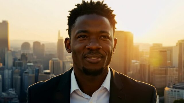 Confident man in a suit smiling on a rooftop at sunset, with a vibrant cityscape in the background, radiating positivity and ambition 4K video
