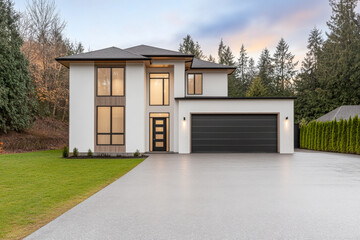 Modern two-story house with sleek design located in a forested area during sunset