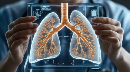 Close-up of a person holding a transparent digital panel displaying detailed 3D anatomical diagram of human lungs with visible trachea and bronchial branches.